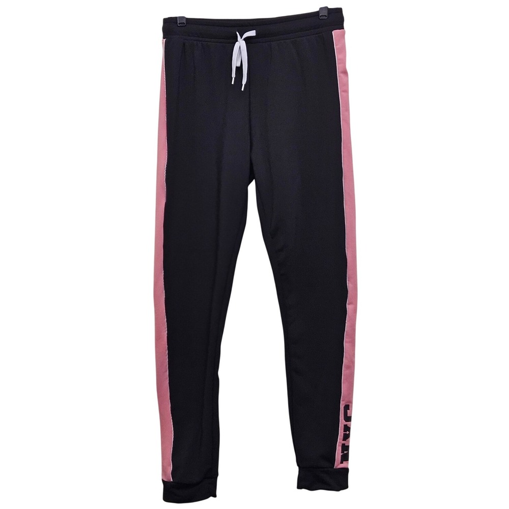 Love Joggers Women XL Black Pink Side Stripe NYC Fleece Lined Gym‎ Athleisure